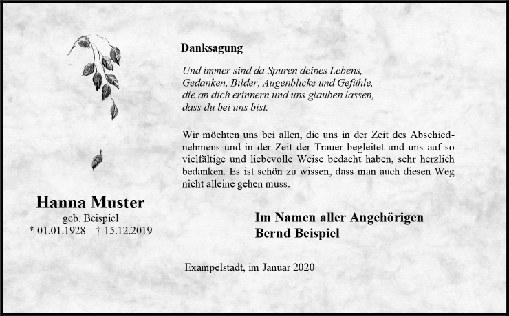 marmorierte Trauerkarte mit schwarzem Trauerrand, persönlich gestaltet mit fallendem Blatt