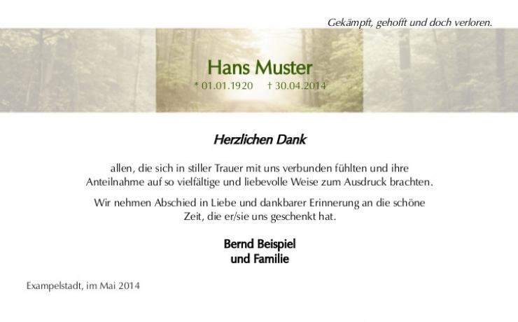 Trauerkarte mit Wald und Licht für Baumbestattung in Natur