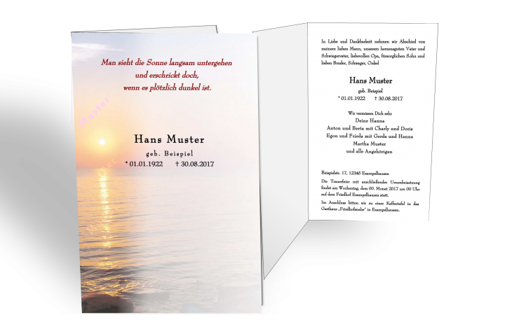 Trauerkarte Einladung zur Beerdigung Sonnenuntergang