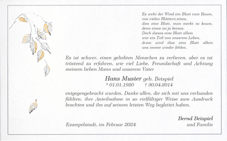 Trauerkarte mit feinem Trauerrand, Motiv fallendes Blatt zweifarbig dargestellt