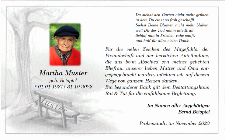 Dankeskarte zur Beerdigung "Bank mit Baum" mit Foto der Verstorbenen