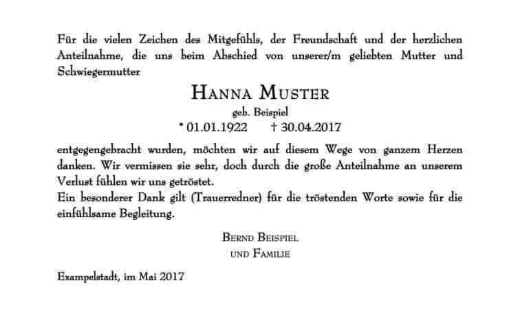 Trauerfall Danksagungskarte Text Vorschlag