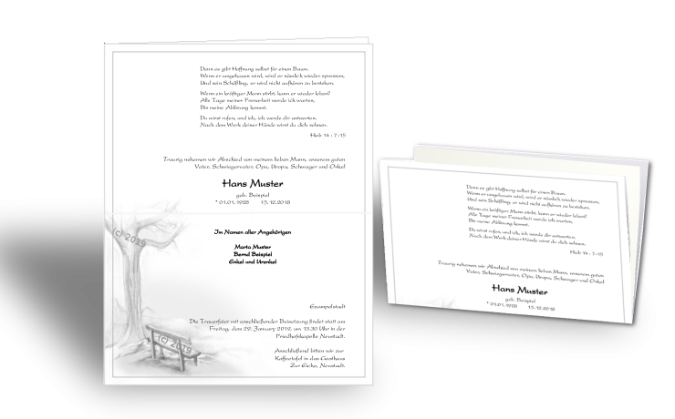 Trauerbrief Bank mit Baum als Todesanzeige