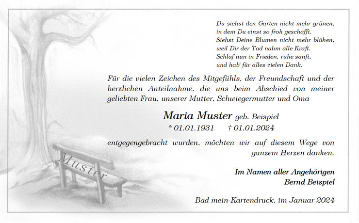 Trauerdanksagung mit Motiv Bank mit Baum vor Bergkette, mit Danksagung bedruckt