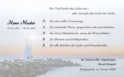 Dankeskarte mit Leuchtturm am Meer - Licht der Liebe bleibt