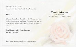 Trauerkarte mit feinem Trauerrand, mit pastell-roter Rose individuell bedruckt