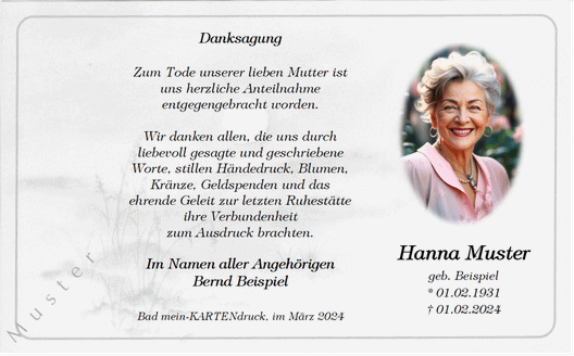 Trauerkarte zur Danksagung mit dem Foto der Mutter