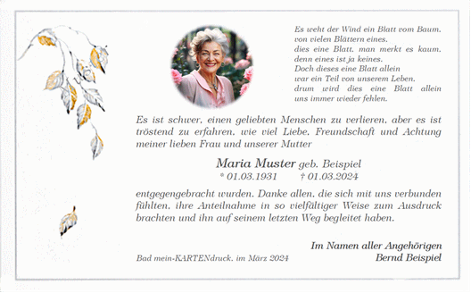 Trauerkarte zur Danksagung mit Spruch "Es weht der Wind..." und Foto