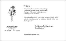 Trauerkarte mit schwarzem Rand und eingedruckter Rose individuell bedruckt